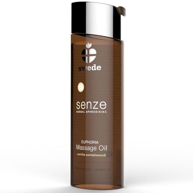 Aceite de masaje herbal aphrodisiac SWEDE Euphoria, frasco de 75 ml con etiqueta y tapón en la imagen.
