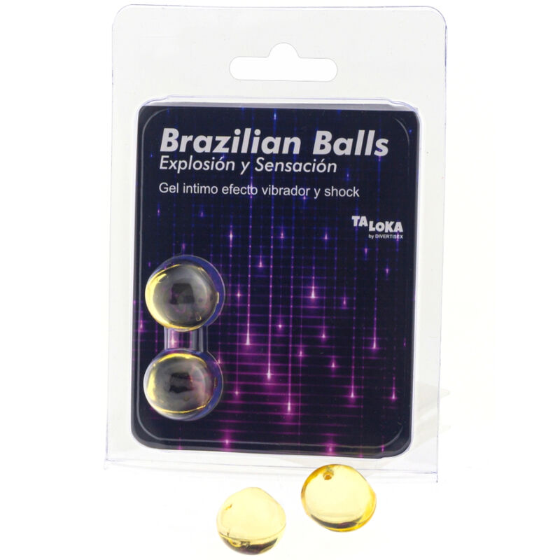 TALOKA Brazilian Balls Gel with vibrating and shock effects, featuring two small, smooth, rounded balls for intimate pleasure.