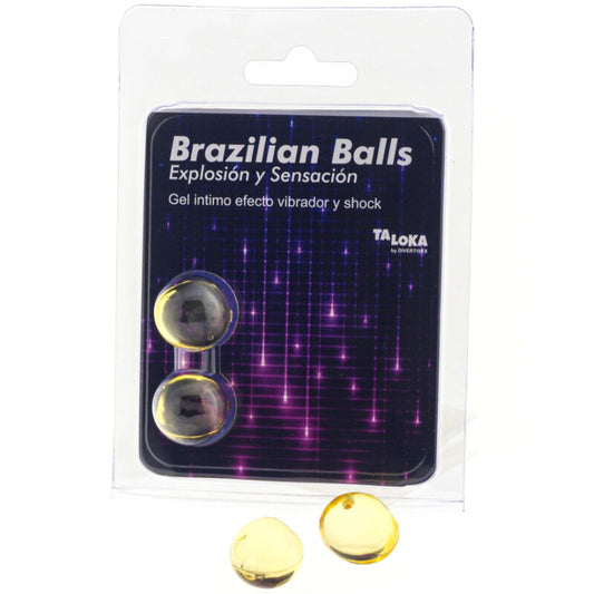 TALOKA Brazilian Balls Gel with vibrating and shock effects, featuring two small, smooth, rounded balls for intimate pleasure.