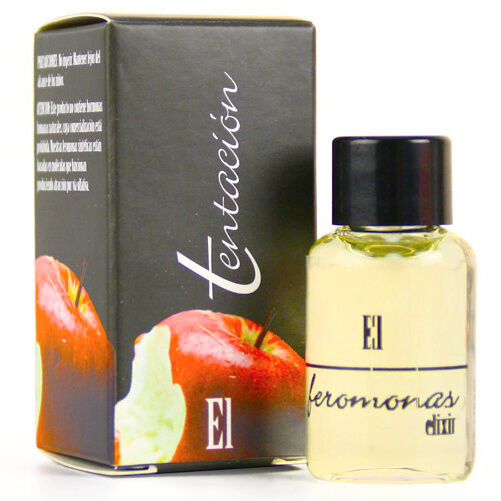 Frasco de elixir de feromonas para él de la marca TENTACION, con etiqueta y diseño en la imagen.
