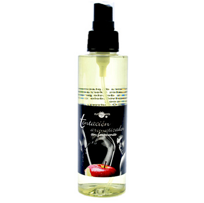 TENTACION Frutos Rojos air freshener with pheromones in a sleek bottle, surrounded by red fruit visuals.