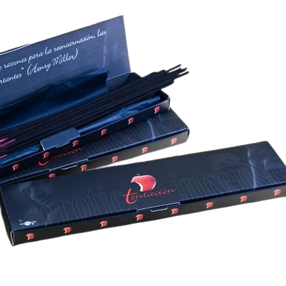 TENTACION erotic incense with pheromones in cinnamon scent, displayed in an elegant packaging with rich colors.