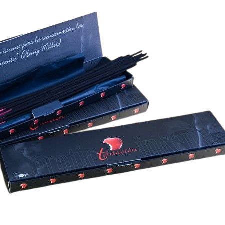 Incienso erótico Tentación con feromonas y aroma a frutos rojos, muestra el empaque con diseño llamativo y detalles del producto.