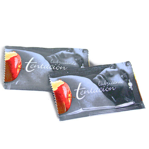 Lubricante TENTACION sabor caramelo en monodosis, ideal para uso íntimo, con textura suave y agradable aroma a caramelo.
