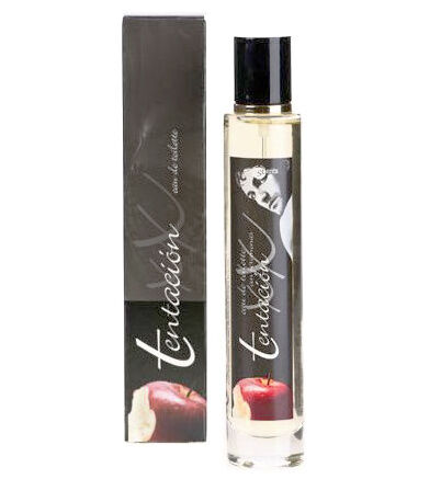 Perfume de feromonas TENTACION para mujer, frasco elegante con fragancia seductora y atrayente en botella moderna.