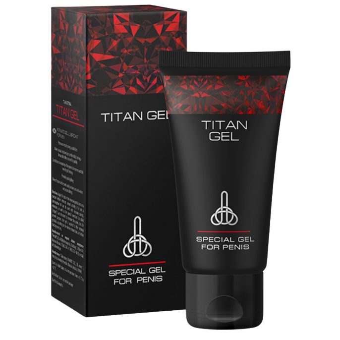 Gel TITAN para aumento de pene de 50 ml, frasco con etiqueta y envase de color azul y blanco, en fondo neutro.