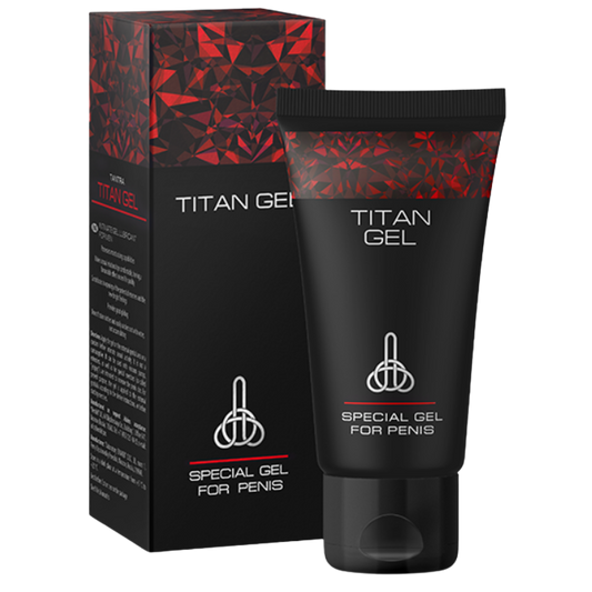 Gel TITAN para aumento de pene de 50 ml, frasco con etiqueta y envase de color azul y blanco, en fondo neutro.