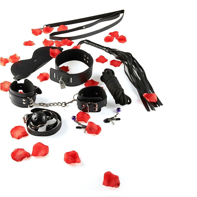 TOYJOY Just For You BDSM Starter Kit featuring restraints, blindfold, and other accessories on a dark background.