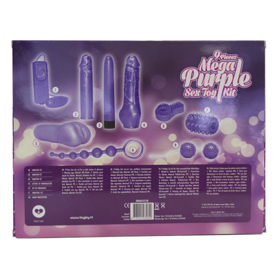 Kit de juguetes sexuales TOYJOY JUST FOR YOU MEGA PURPLE con vibradores y accesorios en colores morados y negros.