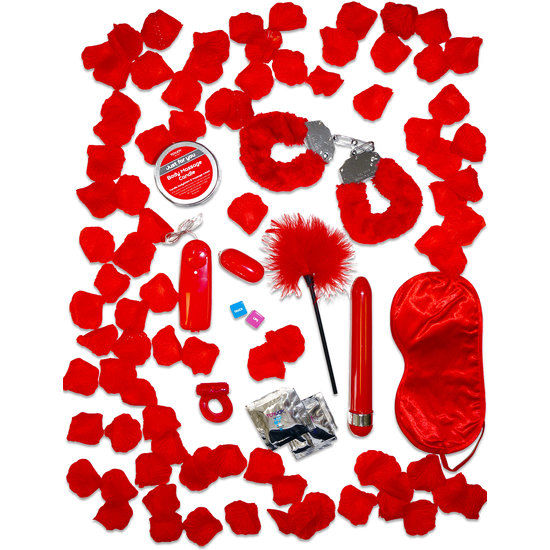 Conjunto de regalo TOYJOY Just For You en rojo, incluye accesorios románticos para parejas, en una caja elegante y decorativa.