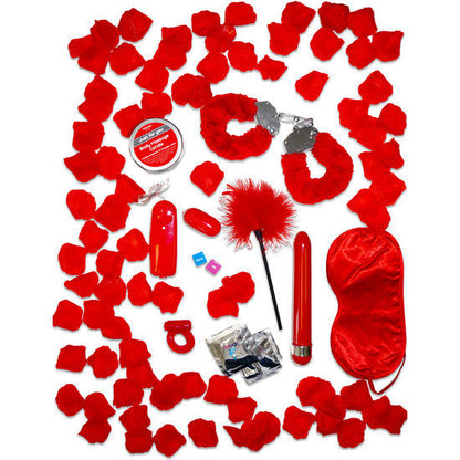 Conjunto de regalo TOYJOY Just For You en rojo, incluye accesorios románticos para parejas, en una caja elegante y decorativa.