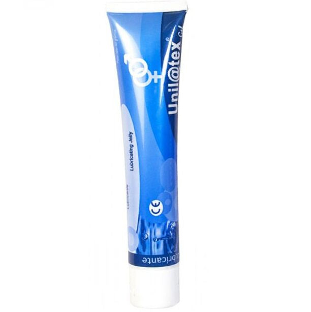 Gel lubricante UNILATEX de 82gr en envase blanco, ideal para uso íntimo y comodidad.