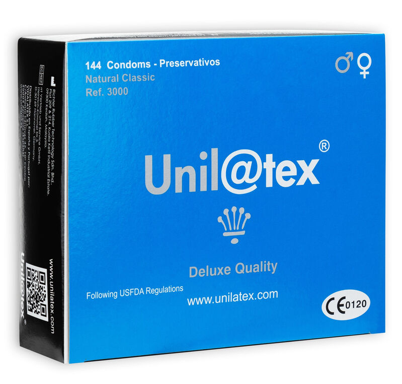 Preservativos naturales de la marca UNILATEX, paquete con 144 unidades, comodidad y protección para uso sexual seguro.