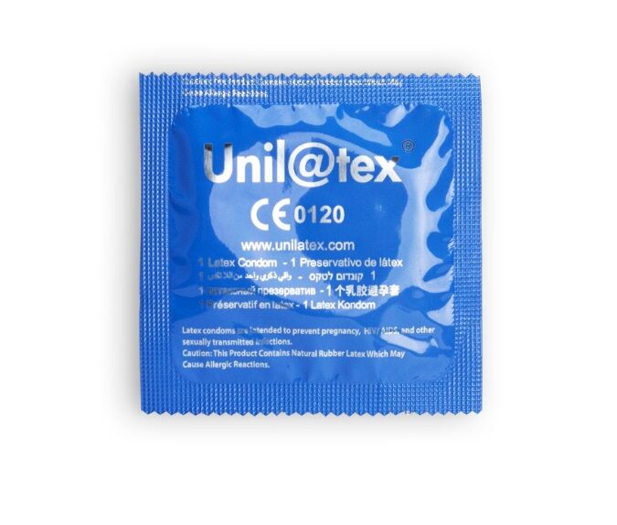 Preservativos naturales de la marca UNILATEX, caja con 144 unidades, ideal para protección y seguridad en relaciones sexuales.