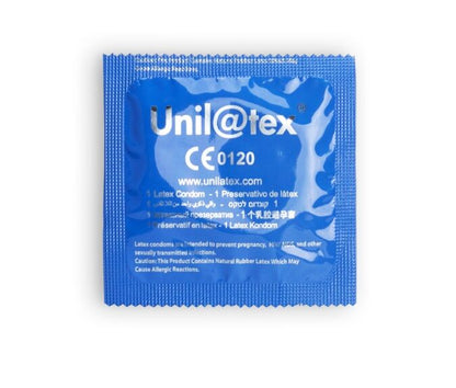 Preservativos naturales de la marca UNILATEX, caja con 144 unidades, ideal para protección y seguridad en relaciones sexuales.