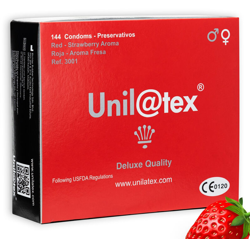Preservativos rojos de fresa de la marca UNILATEX, paquete con 144 unidades, en caja con diseño colorido y tamaño estándar.