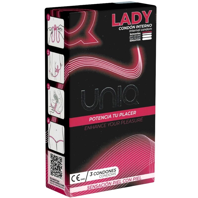 Condominos femeninos UNIQ Lady sin látex con liguero, paquete de 3 unidades, diseño discreto y cómodo para protección femenina.