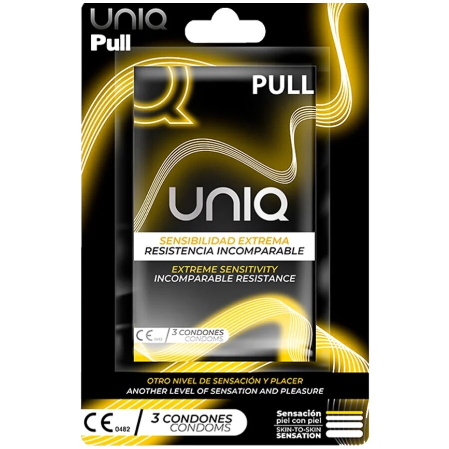 Preservativos sin látex UNIQ en paquete de 3 unidades, con tiras y diseño discreto en empaque blanco.