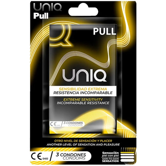 Preservativos sin látex UNIQ en paquete de 3 unidades, con tiras y diseño discreto en empaque blanco.
