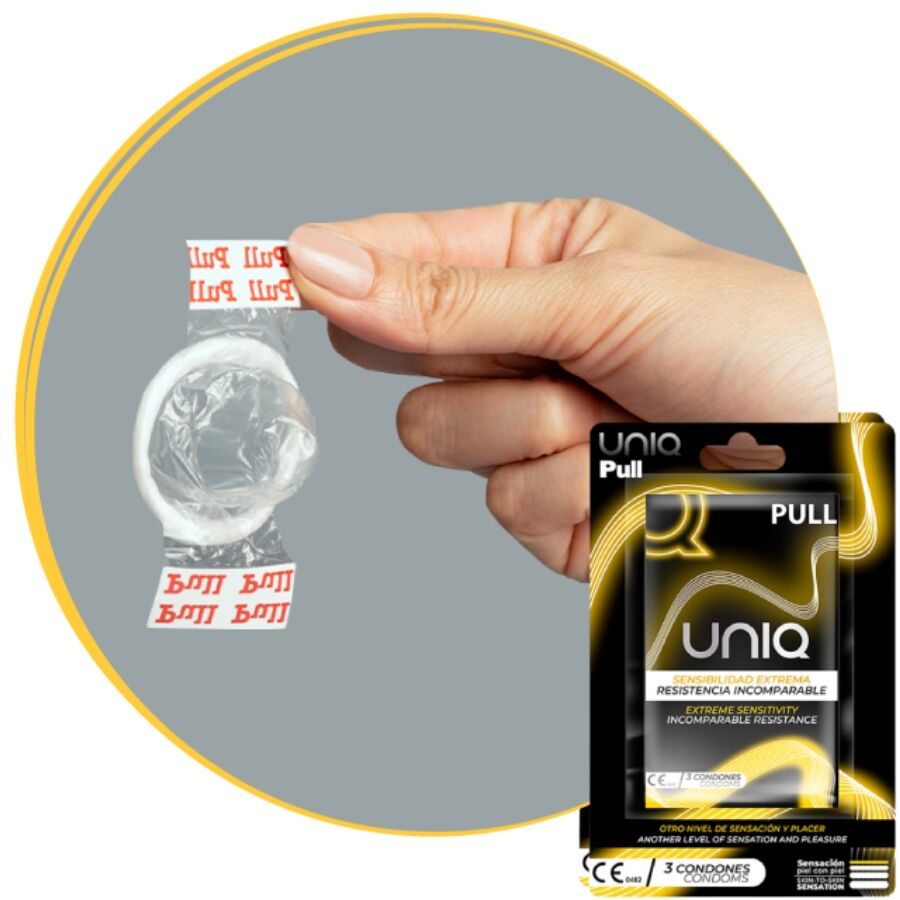 Preservativos sin látex UNIQ con tiras, paquete de 3 unidades, envase blanco y azul con instrucciones visibles.