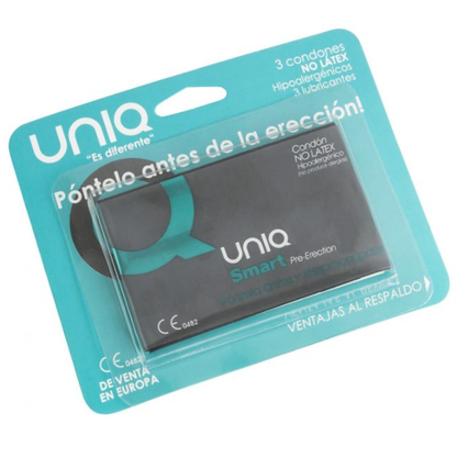 Preservativos UNIQ sin látex para pre-erección, 3 unidades, en paquete con envase transparente y tamaño compacto