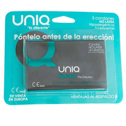 Preservativos UNIQ sin látex para pre-erección, paquete de 3 unidades, con empaque y tamaño visible en la imagen