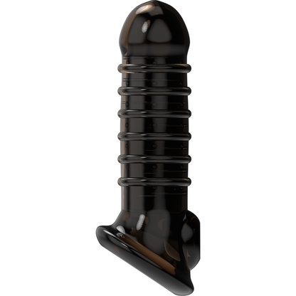 Extensión y funda de pene negra VIRILXL V15, destaca por su diseño y material en la imagen.
