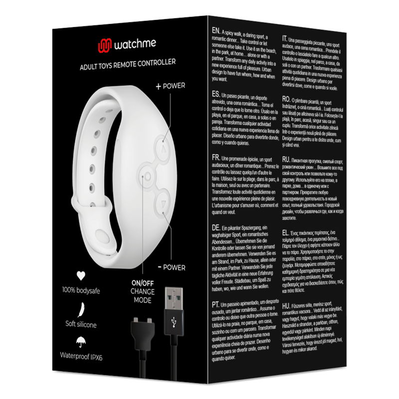 Reloj control remoto inalámbrico WATCHME con diseño en azabache y cobre, con pantalla digital y botones de control.