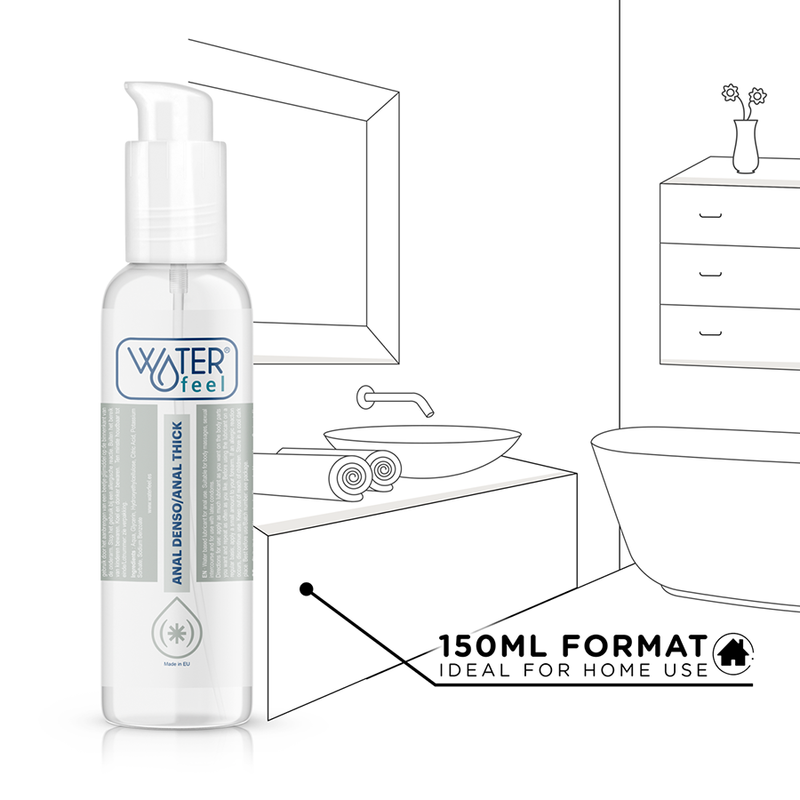 Lubricante anal Waterfeel de 150 ml en envase plástico, suave y transparente para mayor comodidad y lubricación.