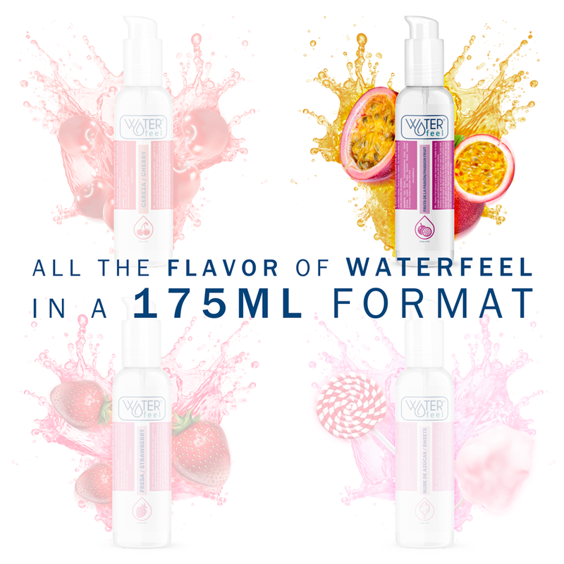 Lubricante de agua con sabor a fruta de la pasión de la marca WATERFEEL, 175 ml, botella transparente con etiqueta colorida.