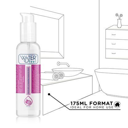 Lubricante WATERFEEL con base agua y aroma a fruta de la pasión, 175 ml, en envase transparente con tapa.