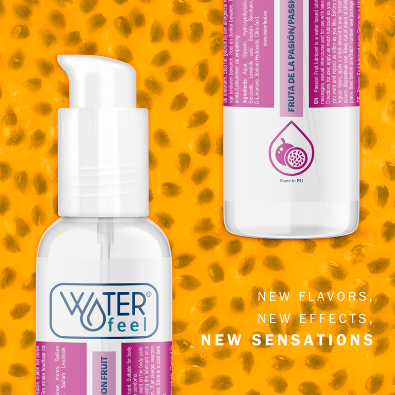 Lubricante Waterfeel a base de agua con aroma a fruta de la pasión, 175 ml, botella transparente con etiqueta color vibrante