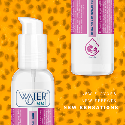 Lubricante Waterfeel a base de agua con aroma a fruta de la pasión, 175 ml, botella transparente con etiqueta color vibrante