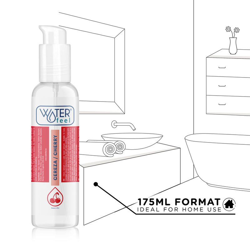 Lubricante WATERFEEL sabor cereza en botella de 175 ml, con textura suave y agradable para uso personal.