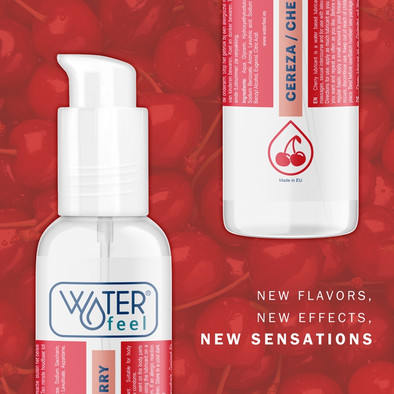 Lubricante de cereza Waterfeel, frasco de 175 ml, con textura suave y aroma dulce, ideal para uso íntimo.