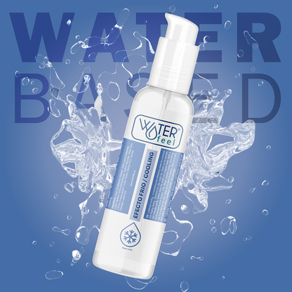 Lubricante WATERFEEL con efecto frío de 150 ml, botella con líquido transparente y tapa azul, para uso íntimo.