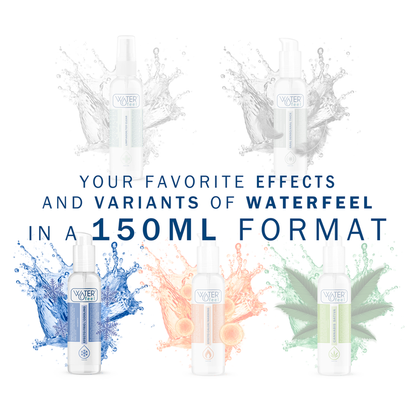 Lubricante WATERFEEL efecto frío, 150 ml, en botella transparente con etiqueta, muestra el producto líquido y su envase.