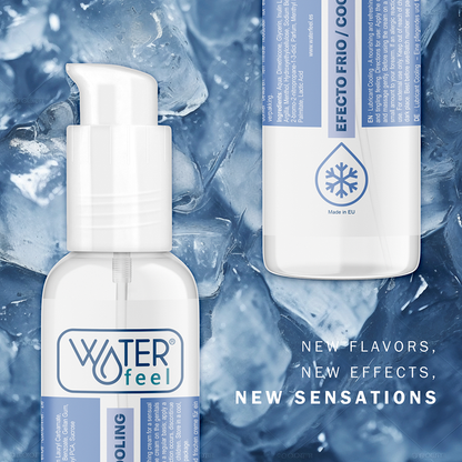 Lubricante WATERFEEL con efecto frío, 150 ml, en envase plástico, muestra el frasco con líquido transparente y tapa azul.
